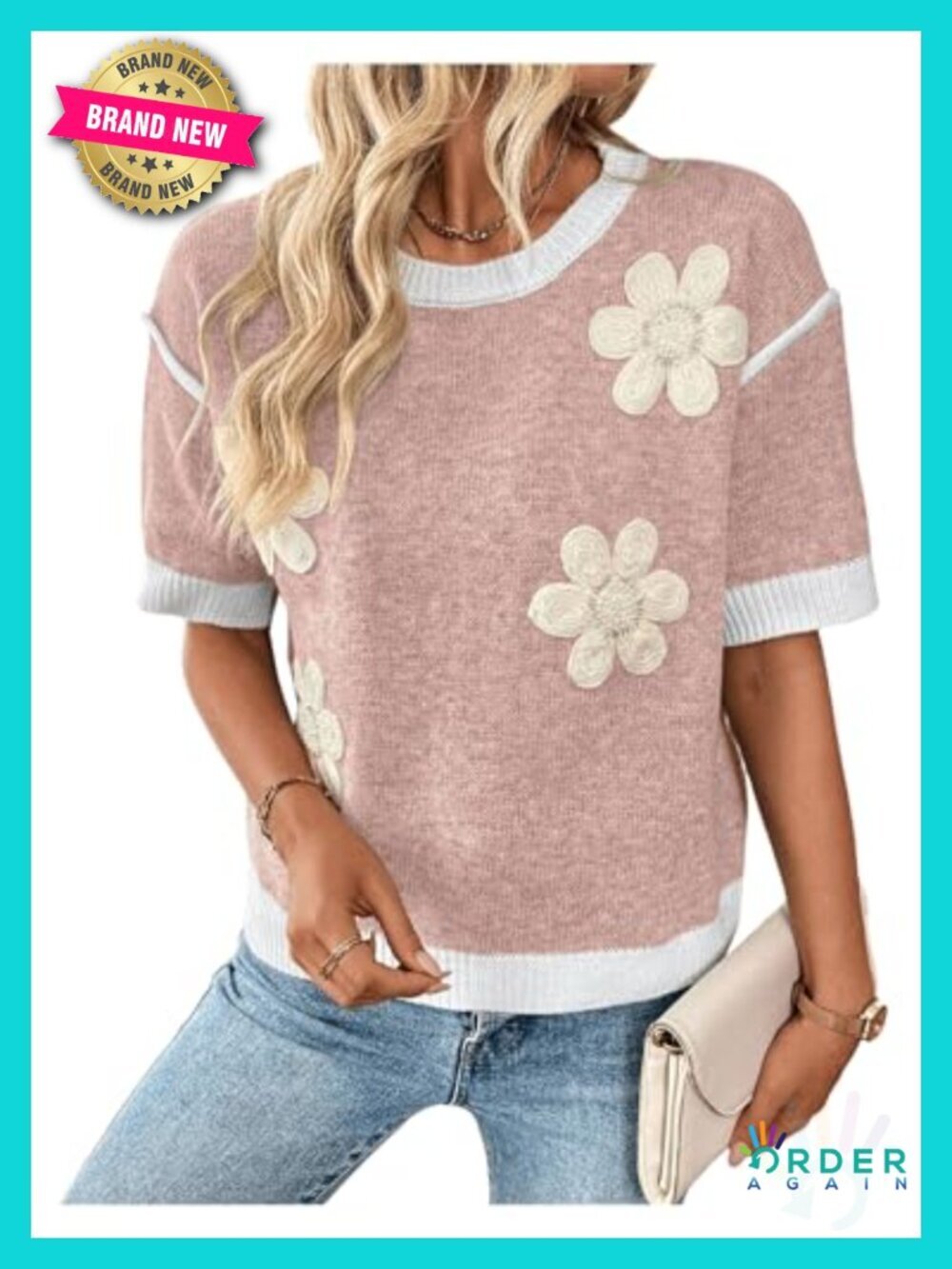 Short Sleeve Flower Crew Neck Knitted Pullover Top